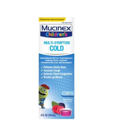 Mucinex Children's Multi-Symptom Cold Medicine Kids Cough Medicine Mucinex Kids Medicine/Decongestant with Dextromethorphan HBr Guaifenesin Phenylephrine HCl Very Berry Flavor Liquid 4 Fl Oz Day
