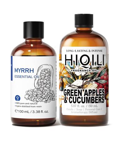 HIQILI 100ML Myrrh Essential Oil & 150ML Green Apples & Cucumbers Fragrance Oil for DIY Diffuser
