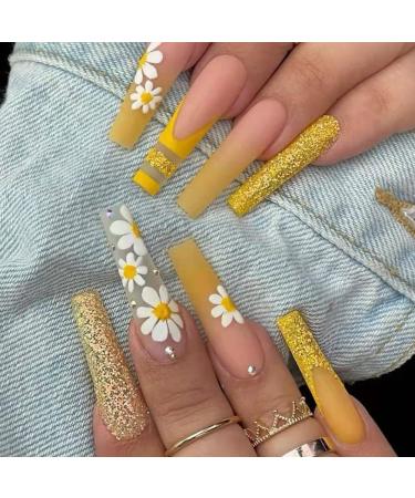 Xerling Glitter Rhinestones Coffin Nails Press on False Nails with Designs Floral Daisy Fake Nails for Women French Tip Glue on Nails 24Pcs