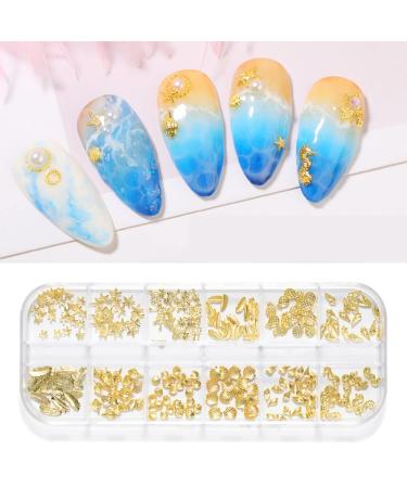 WEILUSI 3D Nail Art Steel Studs Summer Metal Nail Charms Sparkle Gold Metal Nail Studs Jewels Mix Shapes Shell Starfish Pineapple Feathers Rivet Design for Women Nail DIY Tools Manicure Decorations 1Box summer ocean meta...