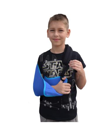 Arm Sling Child (10-11yr blue/aqua trim) Medical Grade Extra Deep Feel-safe Easy-fit Cooling Ultra-comfort Includes Smiley Sticker. Fits R or L arm.