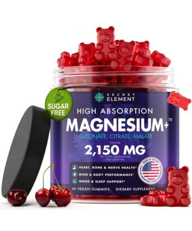 Magnesium Gummies 3 in 1 - Glycinate Citrat Malate 2150 MG High Absorption Supplement Sugar-Free Vegan Chews for Men & Women 60 Gummies Cherry Flavor Cherry 60 Count (Pack of 1)