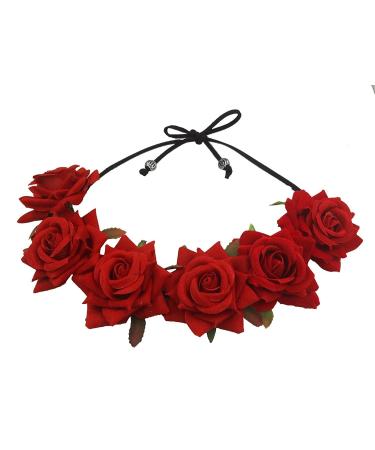 Floral Fall Rose Red Rose Flower Crown Woodland Hair Wreath Festival Headband F-67 (3-Red)