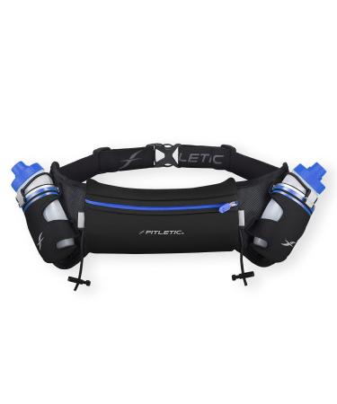 Fitletic - Hydra 16 Hydration Belt, Running Belt with Water Bottle Holder, Water Bottle, Outer/Inner Pocket, Gel Holder and Race Bib Toggles, Water Running Belt L/XL (35"-42") Black & Blue