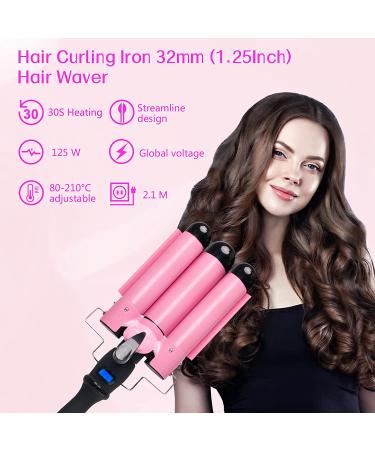 Awhoas 3 Barrel Curling Iron 32MM Hair Waver | Triple Barrel Hair Crimper for Women | Pink Curling Wand with LCD Temp Display - Buy Online on GoSupps.com