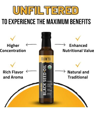 Organic Unfiltered RAWYA Black Seed Oil 250ml - Cold Pressed Nigella Sativa Oil in Glass Bottle - Buy Online on GoSupps.com