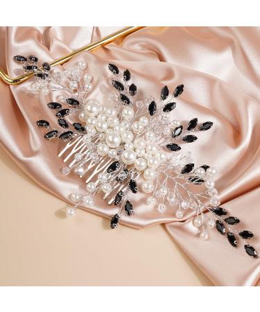 BERYUAN Bride Black Crystal Rhinestone Pearls Wedding Hair Comb Teardrop Crystal Rhinestone Hair Comb Pealrs Rhinestone Bride Headpiece Weddding Hair Accessories for Wedding Girls (black)