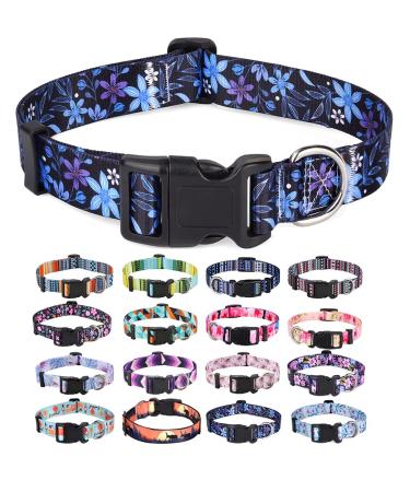 Mihqy dog collar adjustable soft & comfort dog collar Bohemian flowers geometric trunk design for small medium and large dogs (flowers blue XS) XS (neck circumference 20-30 cm width 1.5 cm) flowers blue