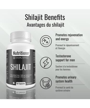 Shilajit Capsules - Pure Himalayan Organic Natural Shilajit for Men and Women - Rejuvenation Testosterone Supplement - 62 Premium Capsules x 250 mg 500 mg Daily Serving - Made in Canada - Nutritionn - Buy Online on GoSupps.com
