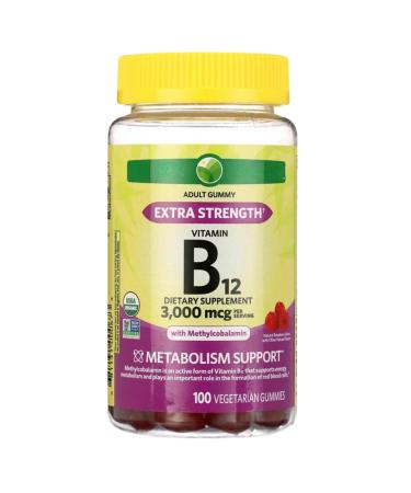 KP+ Spring Valley Vitamin B12 | B12 3 000 mcg Extra Strength | Vitamin Supplement with Methylcobalamin | Metabolism Support | Raspberry Flavor | 100 Vegetarian Gummies | Pack of 1
