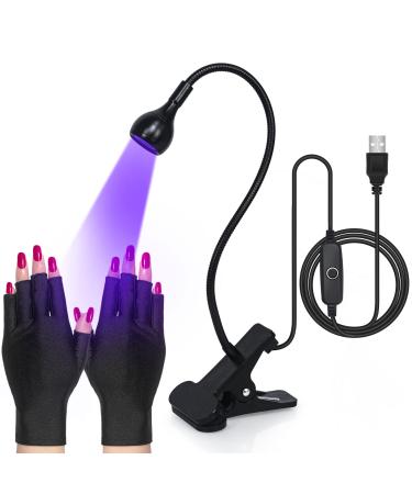 mlogiroa UV Light for Nails with Protection Gloves, 3W Gooseneck LED Lamp for Gel Nail, Portable LED Nail Lamp with Clamp Gel Nail Lamp for Nail Extension(Black) Black with gloves