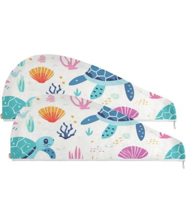 Cartoon Sea Turtle Hair Towel 2 Pack - Super Absorbent Quick Dry Hair Turbans for Women & Girls - Buy Online on GoSupps.com