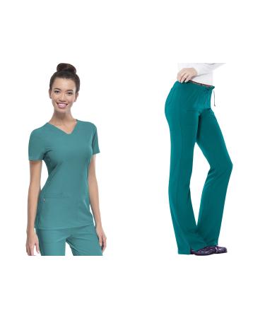 HeartSoul Break on Through Women Scrubs Set Shaped V-Neck Top 20710 & Drawstring Pant 20110 XX-Small Top / XX-Small Petite Pant Teal Blue