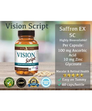 Vision Script with Saffron for Macular and Retinal Eye Health 60 Servings- Each Capsule Contains Saffron Black Currant Lutein Zeaxanthin Vitamin C and E and Zinc Glycinate. - Buy Online on GoSupps.com