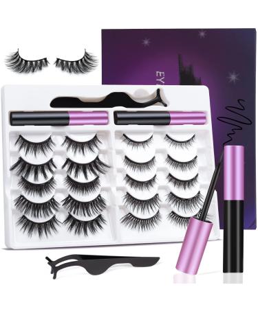 Magnetic Eyelashes Kit  Magnetic Lashes Natural Looking with 2 Eyeliner Reusable 3D Strong Magnetic Fake Eyelashes with Tweezers(10 Pairs)