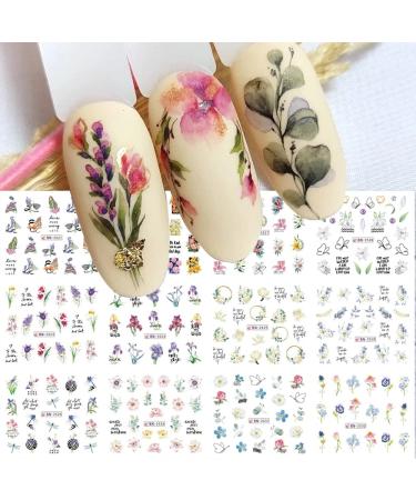 Flowers Nail Water Sticker Decals Lavender Tulip Lily Nail Art Slider Transfer Foil for Nail Decoration Accessory Watermark Spring Blossom Letter Design Slider for Manicure DIY Supply for Women 12PCS Nail-lavender