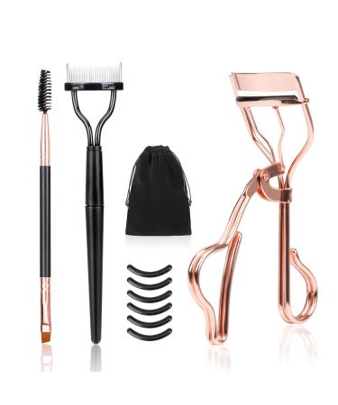 Eyelash Curler with Comb & Lash Brush Storage Bag Refill Pads - No Pinching Professional Lash Lift Kit Lash Curler for Curl Eyelashes Stainless Steel (Rose Gold)