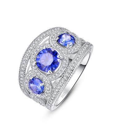 Sterling Silver Wide Ring Simulated Blue Opal 3 Stone Cubic Zirconia Engagement Ring Promise Ring for Women Size 6 US6 Blue
