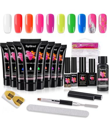 TopDirect Poly Gel Nail Kit 8 Colours Neon Extension Gel 15 ml with Gold & Silver Liner Gel Polish 100 False Nail Tips Base Top Coat Slip Solution Poly Gel Nail Kits Full Set for Beginners