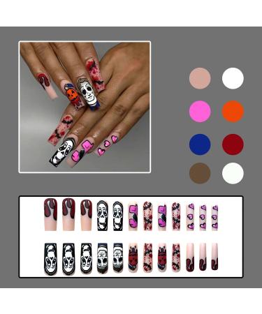 Extra Long Halloween Press on Nails - Pumpkin Ghost & Bat Design | Matte Nude Coffin Full Cover Fake Nails - 24 Pcs with Adhesive Jelly Glue - Buy Online on GoSupps.com