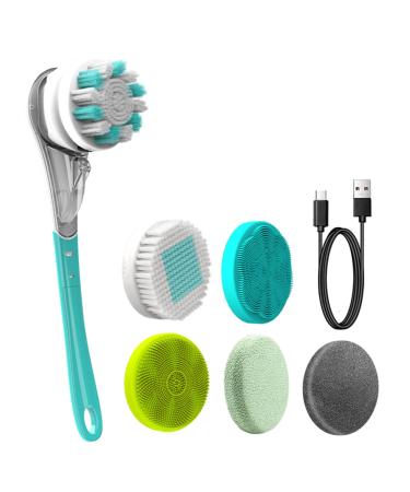 Electric Body Brush - TRENION Body Scrubber with Six Brush Heads  Multifunctional Long Handle Exfoliating Spin Scrubber for Shower Bathing Cleansing Wash Deep Cleaning  Rechargeable Back Brush Blue