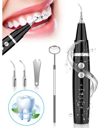 Ultrasonic Tooth Cleaner - Plaque Remover for Teeth Remove Teeth Stain tarter Plaque Calculus - with Led 5 Adjustable Modes 2 Replaceable Clean Heads - 100% Safe Black