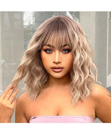 VIKVOK Short Ombre Blonde Wig for Women Blonde Wavy Bob Wig with Bangs Natural Synthetic Wavy Curly Blonde Wig for Halloween Daily