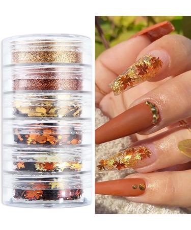 Thanksgiving Fall Maple Leaf Nail Art Glitter Flakes | Golden Orange Fine Glitter Powder & Hexagon Sequins for Manicure & Crafts - Buy Online on GoSupps.com