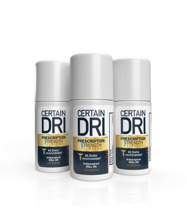 Certain Dri Prescription Strength Clinical Antiperspirant Roll-On Deodorant, Hyperhidrosis Treatment for Men & Women, Unscented, 1.2 Fl oz, 3 Pack