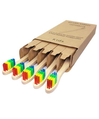 Bamboo Kids Toothbrushes Rainbow 5 Pack Childrens Toothbrush Set Premium Medium Soft Bristles Manual Tooth Brushes Kit Eco-Friendly Wooden Handle Toothbrushes for Children