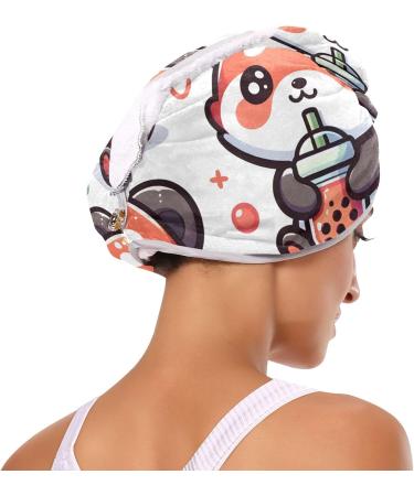 Cute Red Panda Hair Towel 2 Pack | Super Absorbent Quick Dry Turbans for Women & Girls - Bubble Tea Cartoon Design - Buy Online on GoSupps.com