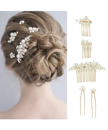 Bridal Pearls Hair Pins Hair Accessories for Brides with 3 PCS Hair Comb 2 PCS Hair Clips Hair Pieces for Women Wedding Engagement Anniversary F-0672