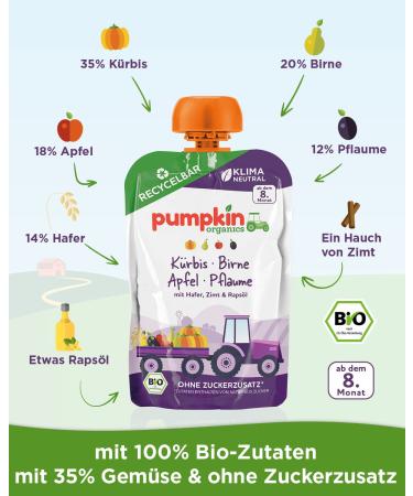Organic Baby Food Puree - Pumpkin Pear Apple Plum & Oats | 8 Pack Recyclable Squeeze Bags (100g Each) - Ideal for 8+ Months - Buy Online on GoSupps.com