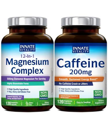 Innate Vitality 12-in-1 Magnesium Complex and Caffeine Capsules Bundle Non-GMO Dietary Supplement Capsules 120 Vegan Capsules Each