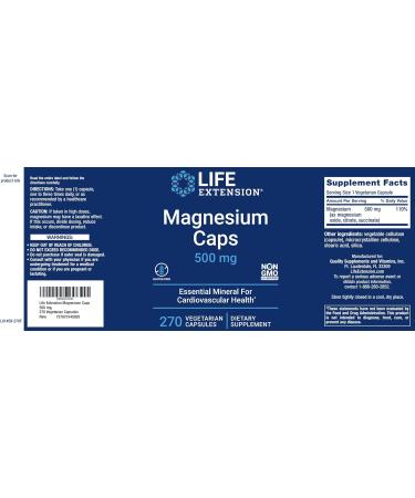 Life Extension Magnesium Caps 500mg - 270 Veg Capsules - Broad Spectrum Supplement with Oxide, Citrate, Succinate - Vegetarian Friendly - Buy Online on GoSupps.com