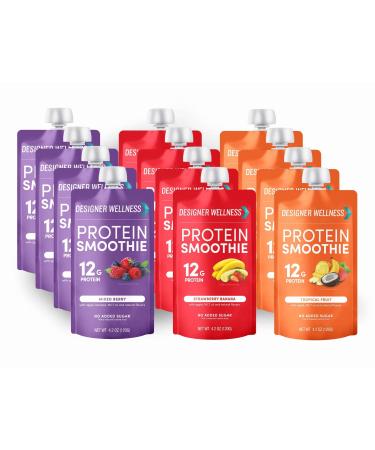 Designer Wellness Protein Smoothie, Real Fruit, 12g Protein, Low Carb, Zero Added Sugar, Gluten-Free, Non-GMO, No Artificial Colors or Flavors, Variety Pack, 12 Count Variety Pack 4.2 Ounce (Pack of 12)
