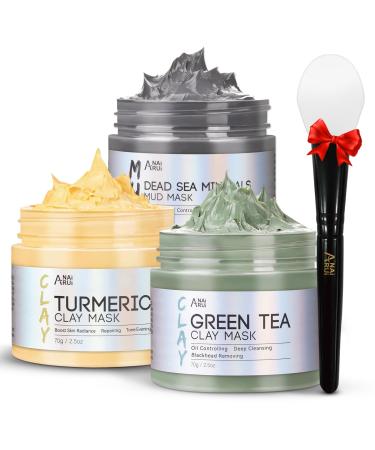 ANAI RUI Spa Facial Mask Set- Dead Sea Minerals Mud Mask - Turmeric Clay Mask - Green Tea Facial Mud Mask Blackheads Removing Face Mask Set 2.5 oz each. Orange
