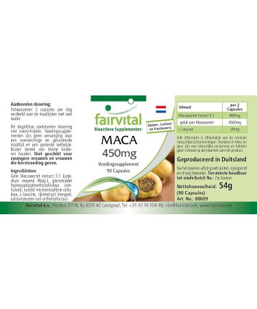 Fairvital | Maca 450mg Strong - with 4500mg of maca root per daily dose - Anti-stress Invigorating & Energy - High dosed - VEGAN - 90 capsules - Buy Online on GoSupps.com