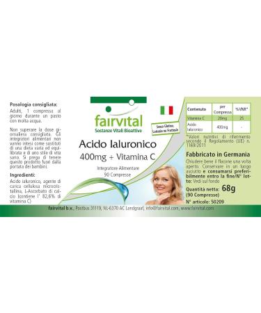 Fairvital | Hyaluronic Acid 400mg + Vitamin C - High Dose - Vegan - 90 Tablets - Buy Online on GoSupps.com