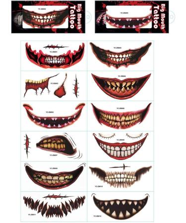 12PCS Halloween Temporary Face_Tattoos | Halloween Clown Horror Mouth Tattoo_Stickers Temporary_Tattoos | Face Decals Prank Props for Halloween Cosplay Party Decorations - Buy Online on GoSupps.com