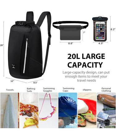 QIGARUGU 20L Waterproof Backpack with Phone Case & Waist Pouch Set - Ideal for Kayaking, Hiking, Swimming, Camping & Fishing - Black - Buy Online on GoSupps.com