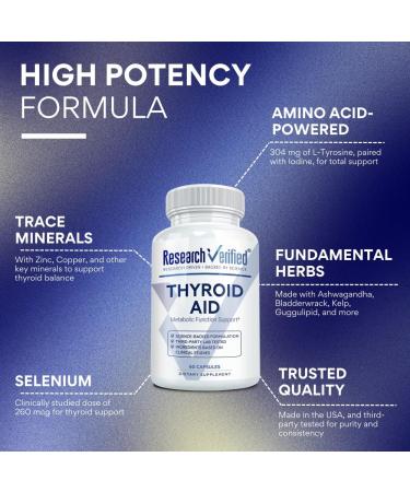 Research Verified Thyroid Aid - Optimal Thyroid Function with Iodine Copper & Zinc - 260 mcg Selenium - 100% Pure - Vegan Friendly - 60 Capsules - 1 Month Supply - Buy Online on GoSupps.com