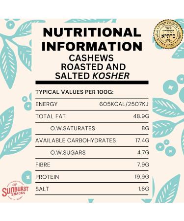 Sunburst Snacks Roasted Salted Cashew Nuts 1kg - Kedassia Certified, Kosher, Recyclable Pouch - Buy Online on GoSupps.com
