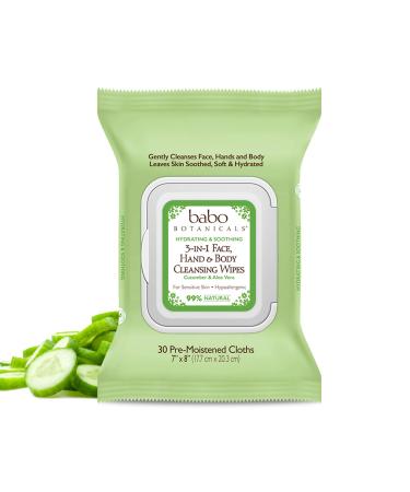 Babo Botanicals Swim & Sport 3-in-1 Face  Hand & Body Cleansing Wipes - with Natural Cucumber & Aloe Vera  Cucumber Aloe - For Babies  Kids or Extra Sensitive Skin - 30 ct 30 Count (Pack of 1)