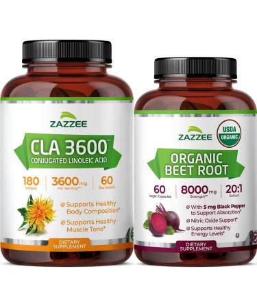 Zazzee Active Lifestyle Support Bundle | Organic Beet Root Capsules & High Strength Conjugated Linoleic Acid Softgels | Non-GMO & ISO Lab Tested (60 Servings Each)
