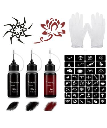 Janolia Temporary Tattoo Set, Tattoo Ink with 42 Pcs Adhesive Tattoo Stencils for Kids (2 Black & 1 Red)