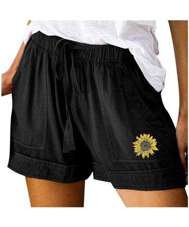 Gufesf Women's Casual Shorts Summer, Womens Lightweight Shorts Linen Comfy Elastic High Waist Casual Shorts with Pockets B3-black X-Large