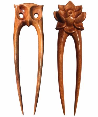 Handicraftviet Wood Hair Pin Hand-Carve Hair Forks for Women  two Prong Hair stick For Long Hair  6.29in  Natural Color Wood   Set 2 Owl and flower hair fork Style 4