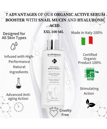 Hyaluronic Acid Serum Organic Booster Face Moisturiser 100ml BIO | Bamboo Water Snail Mucin Vitamin E Goji Berries Peptides | Ecological Natural Skincare | Illuminating Hydrating Anti-Aging | Italy - Buy Online on GoSupps.com