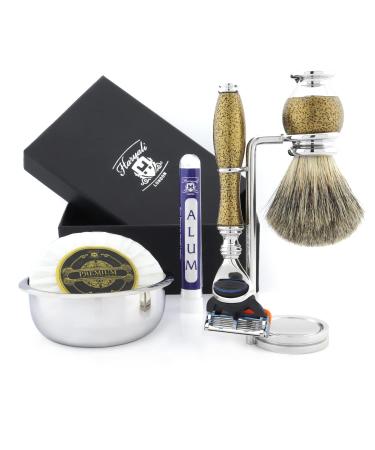 6 Pc Mens Shaving Kit 5 Edge Razor With Black Badger Hair Shaving Brush Stand Soap Alum and Stainless Steel Bowl Perfect Set for Men